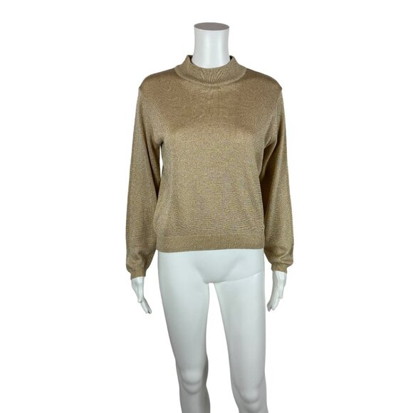 Vintage 70s Metallic Sweater Women's Small Gold Lurex Mock Neck Holiday Pullover - Picture 1 of 8